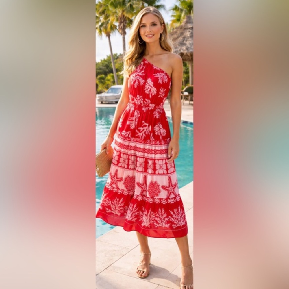 Red One Shoulder Midi Dress Size 6 Tropical Resort Vacation